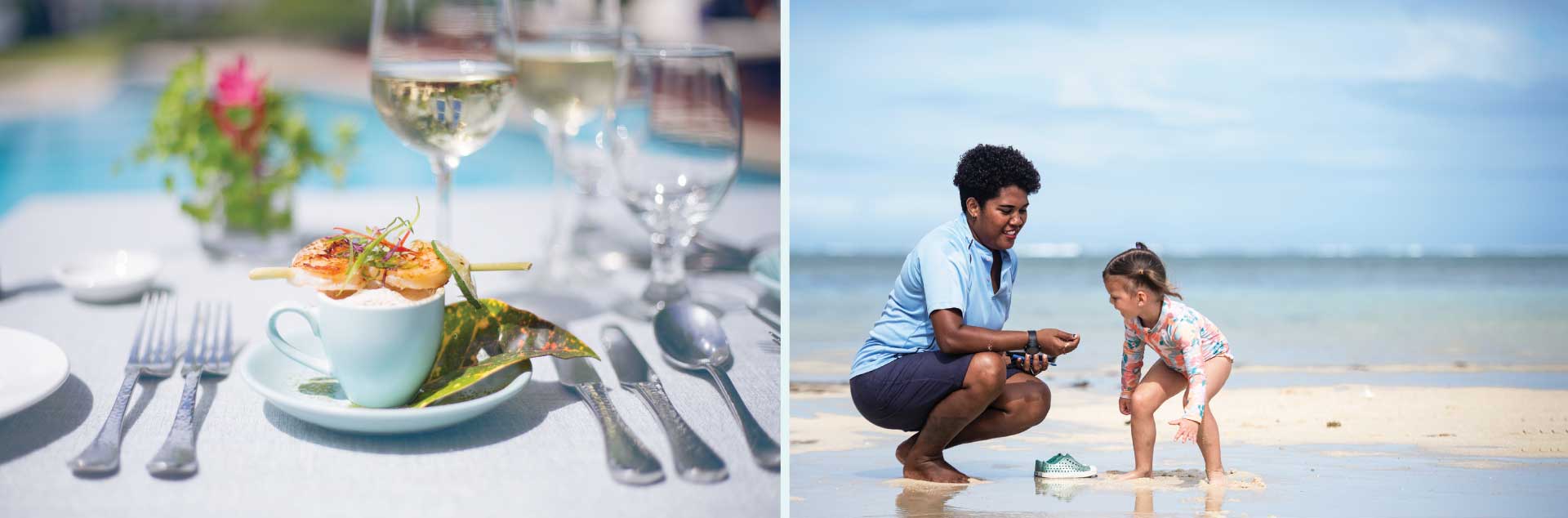 Images of beachside dining and nanny service that is part of the all-inclusive Fiji vacation packages at Jean-Michel Cousteau Resort Fiji