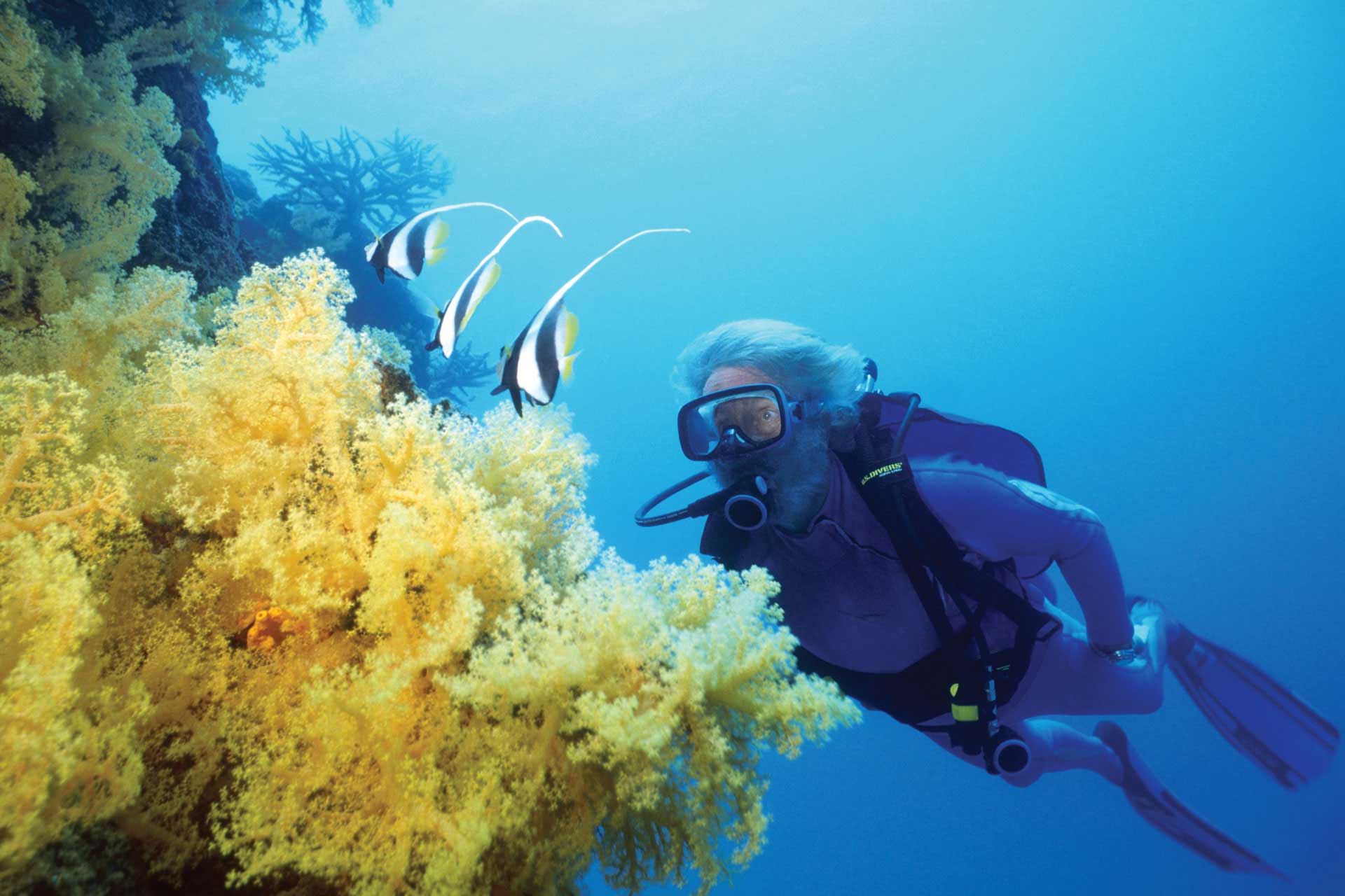 An image of Jean-Michel Cousteau diving. Son of the legendary SCUBA inventor and oceanographer Jacques Yves Cousteau, Jean-Michel has devoted his life to teaching others about the importance of our precious oceans.