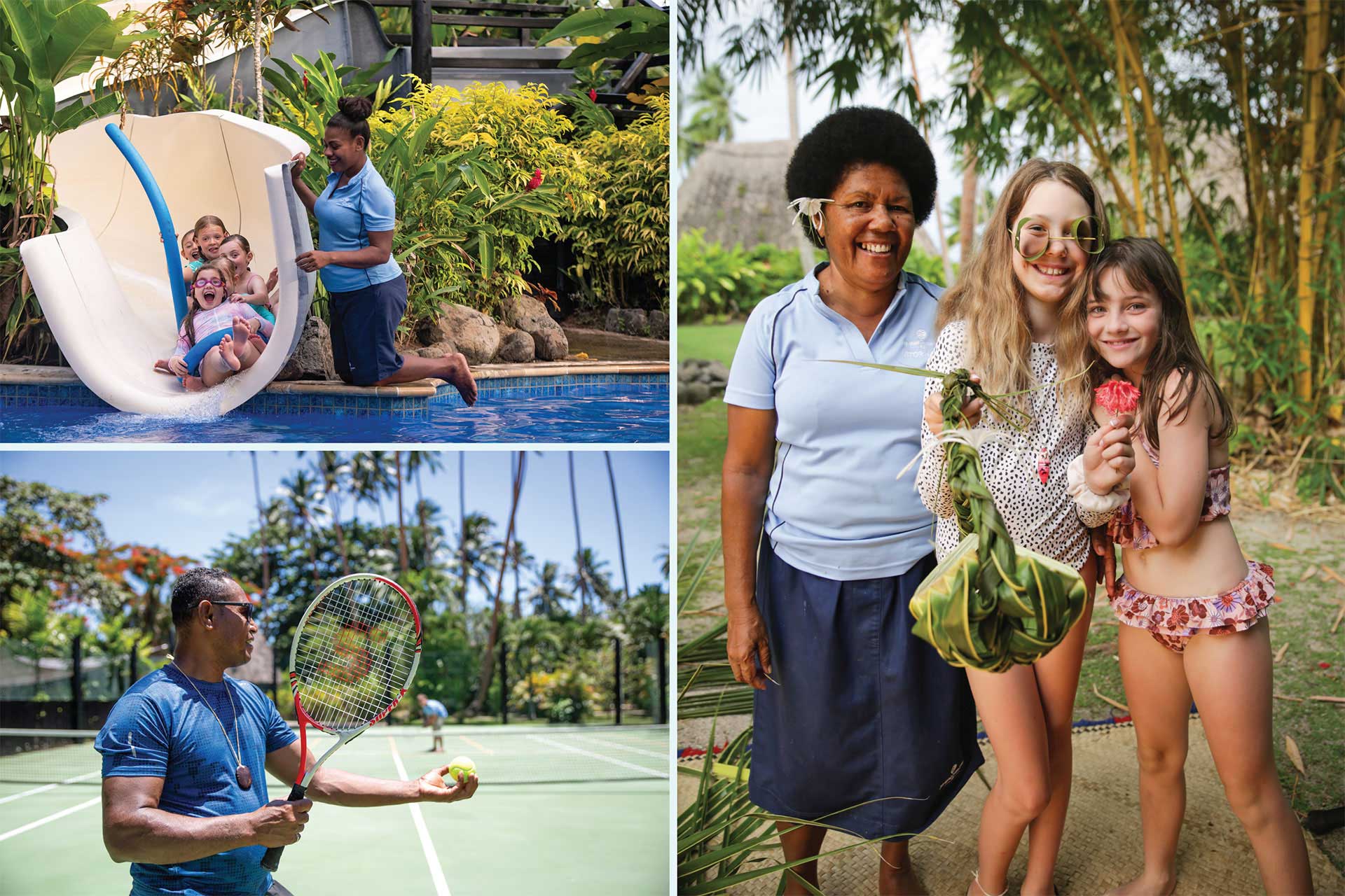 A collage of 3 images from the Kids Bula Club. Each child 5 and under is assigned a dedicated 'nanny' for the duration of their stay. Children 6 to 12 are in groups of five led by a 'buddy'. Teenagers aged 13 and above can enjoy exciting programs led by our experienced 'buddies.'