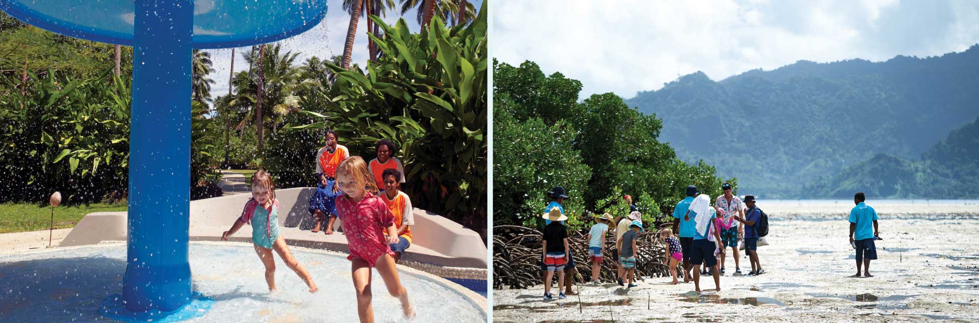 An image of dedicated nannies onlooking little kids entertaining themselves at the Kids Club with fun water activities at Jean-Michel Cousteau Resort Fiji, a Fiji Family Resort.