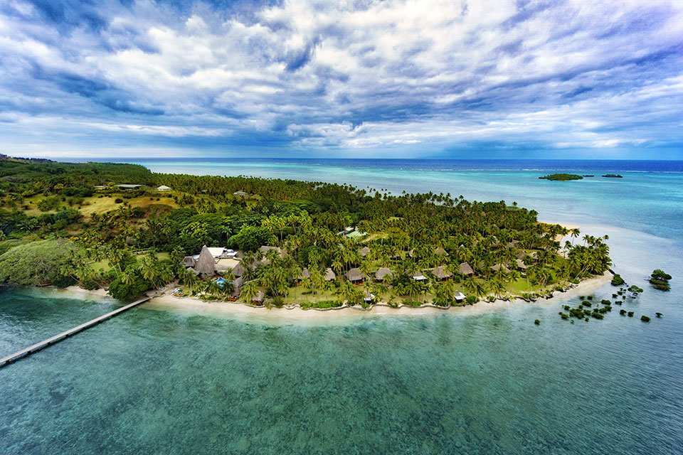 An aerial view of the eco-friendly resort, Jean-Michel Cousteau Resort Fiji that is built on a sacred site of immense heritage