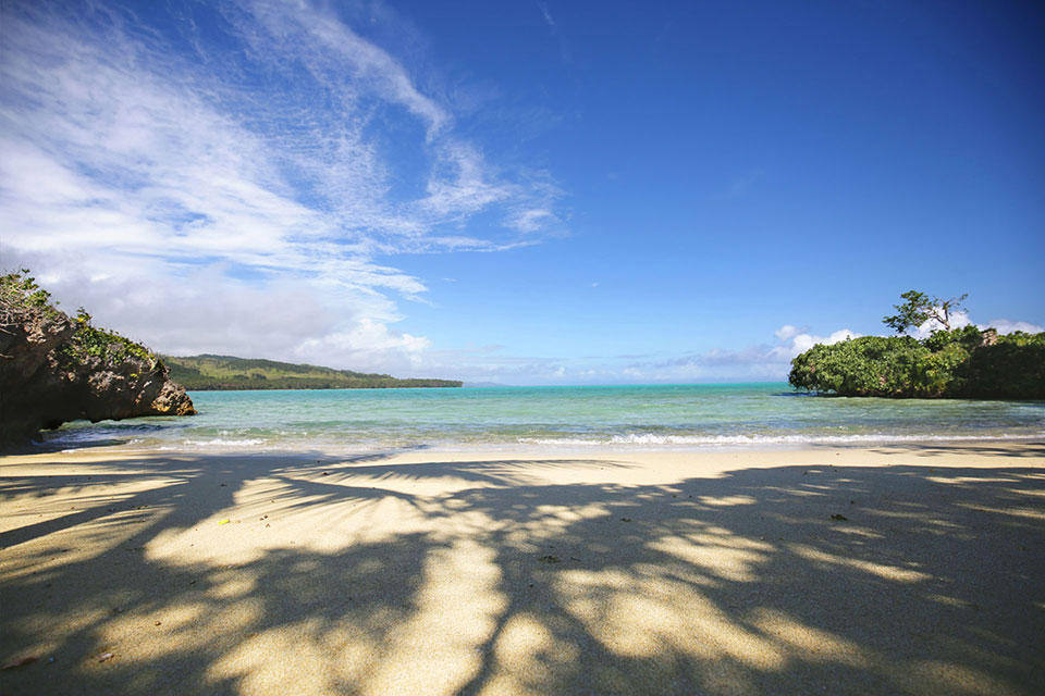 A view of the beach at the PRIVATE ISLAND of the eco-friendly resort, Jean-Michel Cousteau Resort Fiji