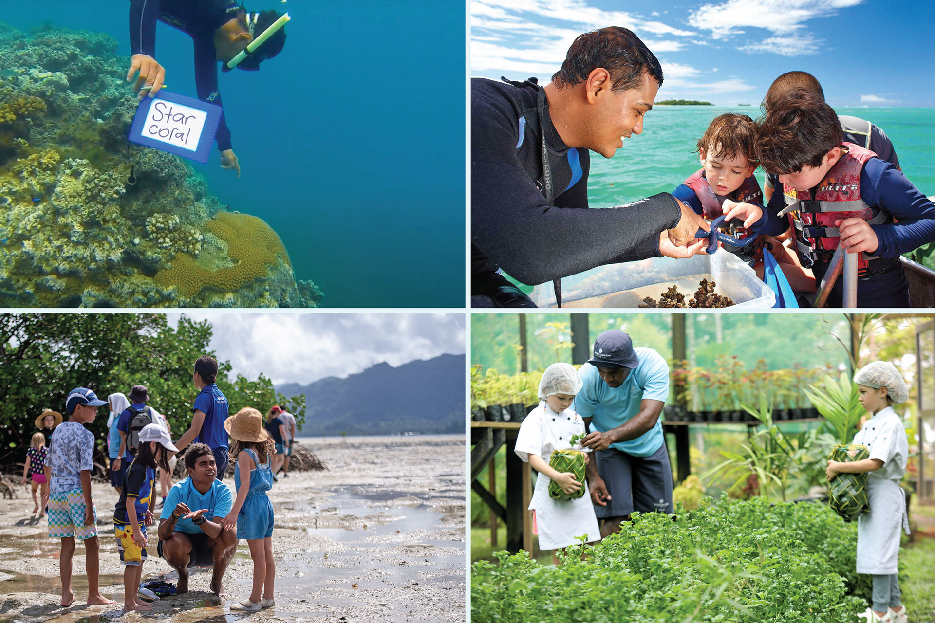 Image shows a collage of activities as part of Kids Eco-Programmes at Jean-Michel Cousteau Resort Fiji, an all-inclusive family resort in Fiji.