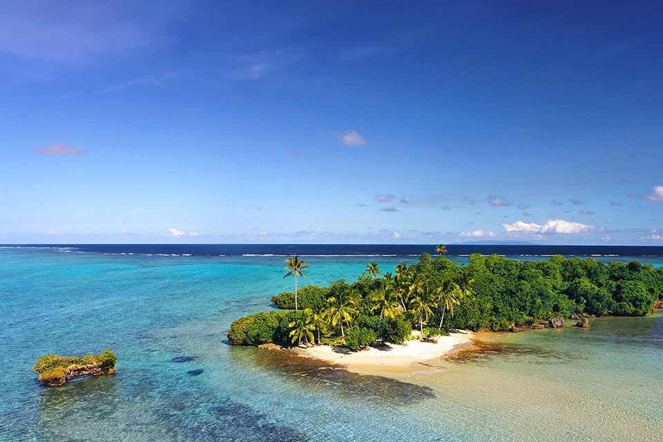 At Jean-Michel Cousteau Resort, Fiji, cultural preservation is a sacred ethos. Image shows an aerial view of the Fiji resort's Private Island