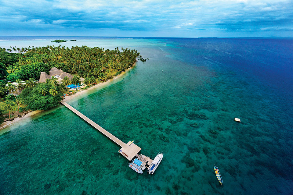 Aerial view of the Jean-Michel Cousteau Resort Fiji with the Private island visible in the background.